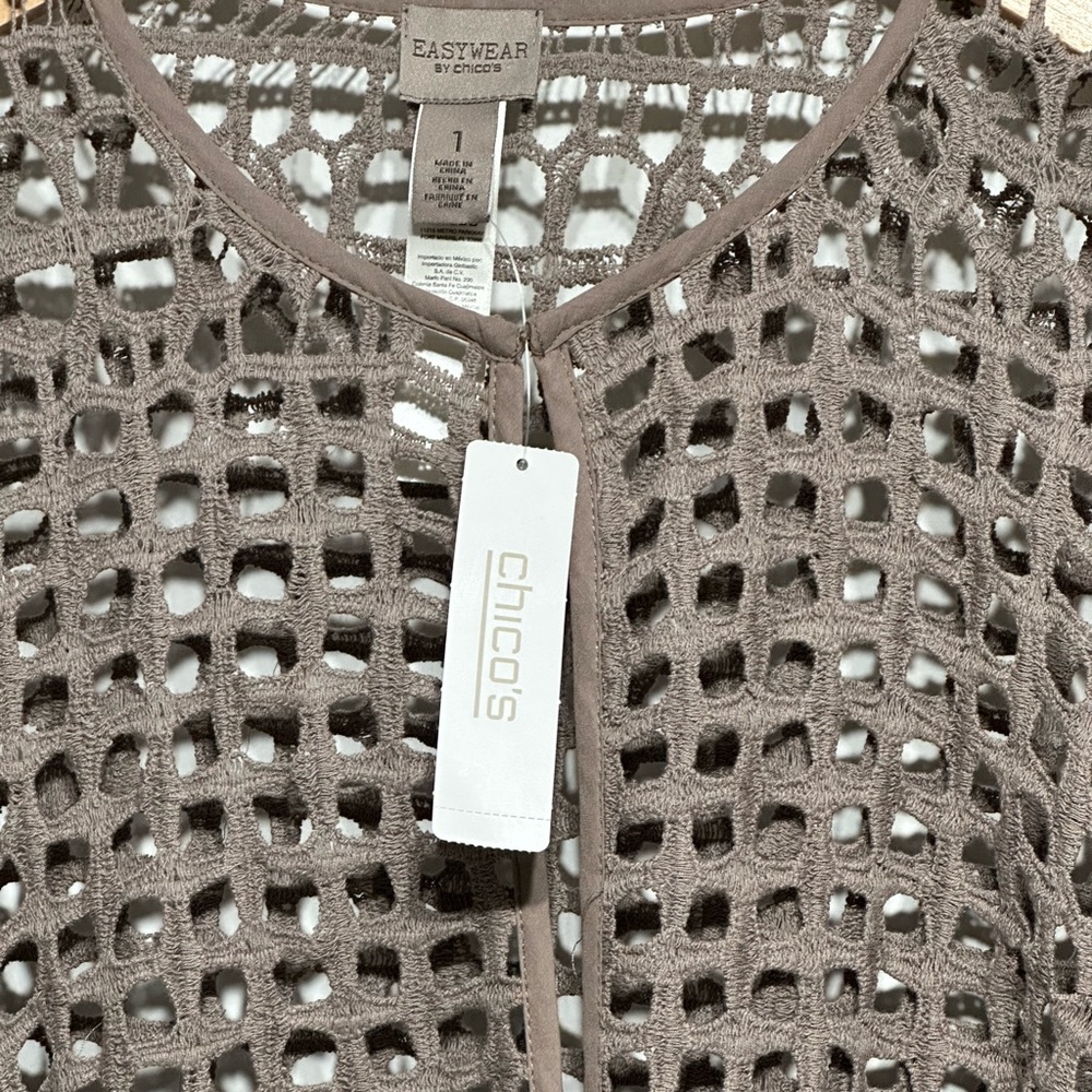 Chico’s Easywear Crochet Lace Long Sleeve Texas Taupe Cotton Cardigan Jacket NWT - Picture 3 of 16